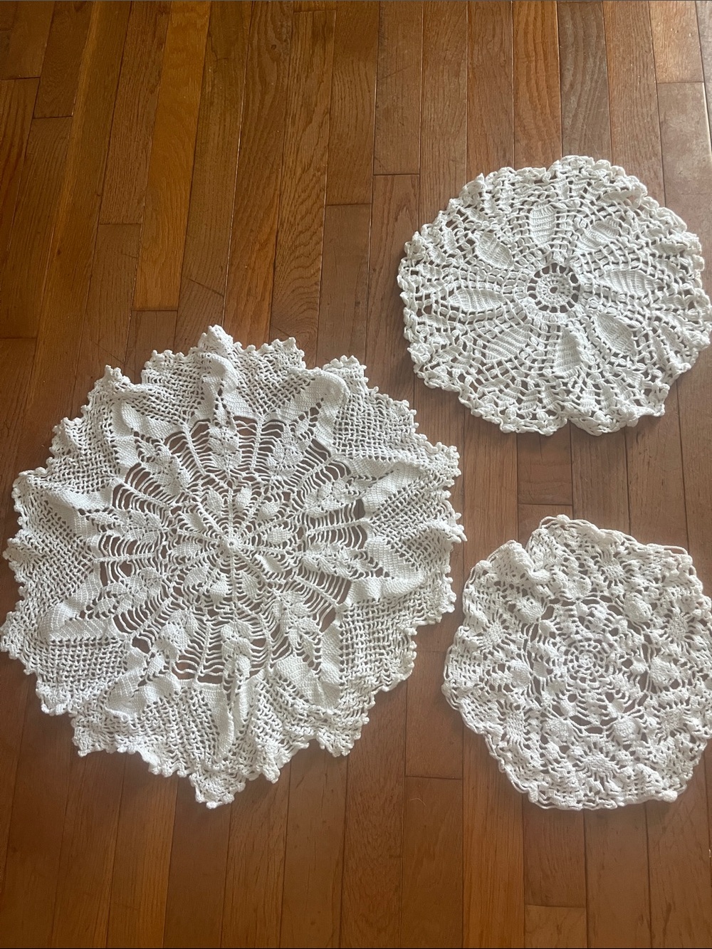 White Vintage Hand Crochet Lace Doilies Flower Doily Table Mats  20”, 14” & 10”